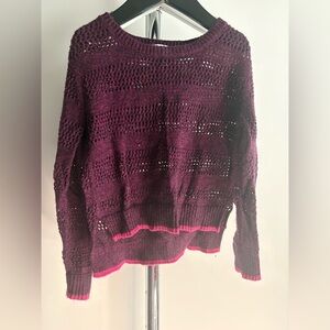 Splendid Girls Open-Knit Sweater – Plum Purple with Pink Trim, Size 5/6